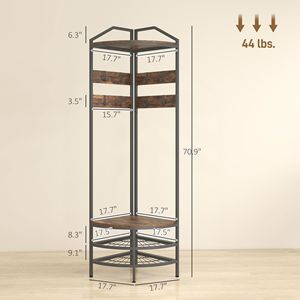 Porte-manteau industriel à 4 niveaux avec 8 crochets mobiles et 2 étagères, meuble d'entrée d'angle marron rustique avec rangement pour chaussures pour couloir - Product Image 3