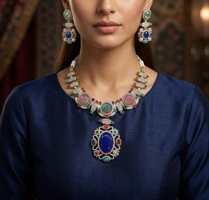 Ensemble collier et boucles d'oreilles Kundan Polki en pierres bleues et roses, plaqué or, pavé de CZ, bijoux de mariage indiens faits à la main pour femmes - Product Image 5