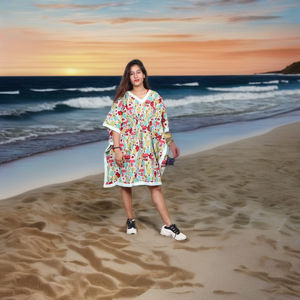 Nuevo Vestido Kimono Kaftan de Moda con Cuello en V, Manga Acampanada y Estampado Dulce hasta la Rodilla para Mujer, Ropa de Algodón Estampada a Mano al por Mayor - Product Image 4