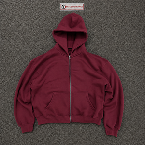Sudadera con capucha oversize color granate unisex, estilo streetwear, con cremallera completa, corte holgado, personalizable con logo, al por mayor, manga larga - Product Image 5