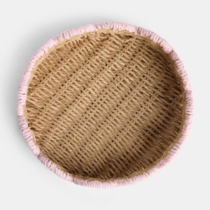 Round Seagrass Storage Tray With Scallop Pink Trim Bohemian Style Decorative <b>Basket</b> For <b>Table</b> Organization - Product Image 3