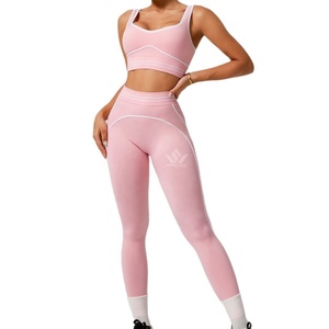 Women's Pink 2 Piece Seamless Yoga Set High Waist Leggings Racerback Scoop Neck <b>Crop</b> <b>Top</b> Contrast Stitch Activewear - Product Image 5