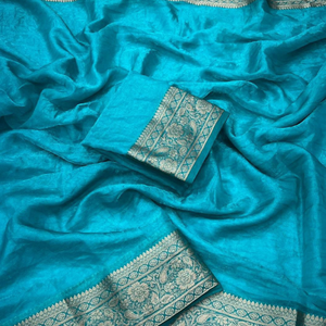 ผ้าไหมบาเนราสีเขียวอมฟ้าพรีเมียมพร้อมขอบปักดิ้นทองอย่างประณีต – ชุดแต่งงานแบบดั้งเดิมของอินเดีย - Product Image 2