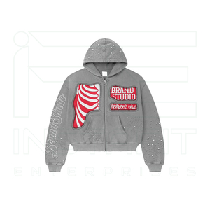 Blouson tendance à capuche et cordon de serrage, noir et rouge, avec motif côtelé, strass vieillis, style streetwear hiver, manches longues, pour homme - Product Image 1