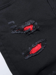 Shorts en jean noir pour homme, taille mi-haute, fermeture boutonnée, style streetwear déchiré, 100% coton tissé - Product Image 3