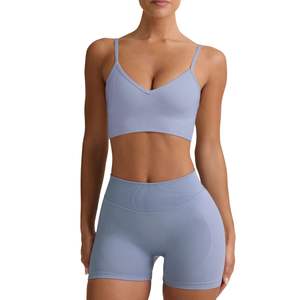 Conjunto Deportivo Seamless para Mujer, Color Azul Claro, Bra Deportivo y Shorts, para Fitness, Yoga, Cintura Alta, Ropa Deportiva Elástica - Product Image 5