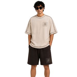 Beige And Dark Brown Mens Oversized <b>T</b> <b>Shirt</b> And Shorts Set Customized Logo Contrast Stitching Casual Streetwear Two Piece Set - Product Image 1