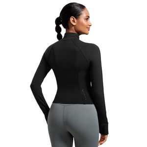 Women's Full Sleeve Ribbed Stand Collar Zip up Yoga <b>Jacket</b> Solid Black Breathable Stretch <b>Workout</b> Outerwear Seamless Design - Product Image 2