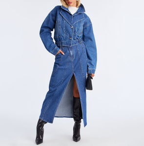 Women's Long <b>Denim</b> Trench <b>Coat</b> With Belt And Front Slit Blue Cotton Jacket Autumn Winter Style Custom Trench <b>Coat</b> - Product Image 1