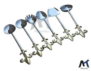 Juego de Cucharas para Servir Plateadas con Diseño Clásico de Flor de Lis, Acabado Espejo, Mango Largo, Utensilios de Cocina - Product Image 1