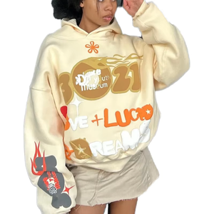 Sweat-shirt à capuche surdimensionné pour femme, couleur crème, manches longues, imprimé avec le logo Love Luck Dream, appliqué, vêtements décontractés d'automne - Product Image 1