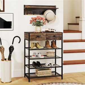 Multifunctional 5-<b>Hook</b> Coat Rack and 2-Drawer Shoe Stand with 4 Mesh <b>Shelves</b> Entryway Storage Solution - Product Image 2