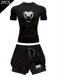 <b>Men's</b> Black <b>Compression</b> Rash Guard Short Sleeve Gym Workout Set Quick Dry Sports Kit with Purple Logo Print - Product Image 6