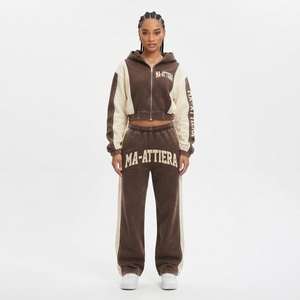 Conjunto de Sudadera Corta con Cremallera y Pantalones Anchos para Mujer, Color Marrón Crema con Bloques de Color, Ropa Deportiva Casual - Product Image 1
