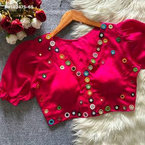 Festival wear <b>Satin</b> Silk with Multi-Thread & Mirror work & Padded & Puff-Sleeve & V-Neck <b>Blouse</b> Collection Wholesale Supply - Product Image 5