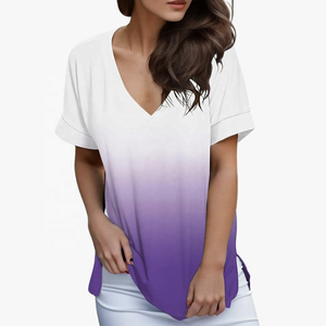 Camisetas transpirables para mujer de Pakistán, Camiseta holgada a la moda con degradado para mujer, camiseta informal con cuello en V, camiseta Chemise Homme - Product Image 1