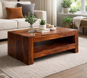 Modern Solid Wood <b>Coffee</b> <b>Table</b> with Open Shelf |2-Tier Wooden Center <b>Table</b> | Pindel Handicraft Jodhpur | B2B Wholesale India - Product Image 1