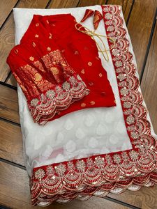Traditional Indian Georgette Saree <b>Red</b> Embroidered Border White <b>Blouse</b> Wedding Party Wear Women's Bridal Outfit Floor Length - Product Image 2