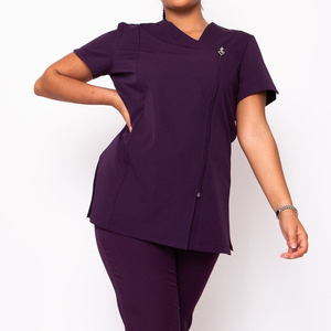 Women's Red Breathable Polyester Short Sleeve V-Neck Scrub Top with Zip Front and Custom Logo Embroidery Tunic - Product Image 3