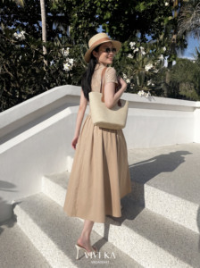 Vestido Midi Beige de Encaje con Cuello Peter Pan para Mujer, Corte Ajustado y Evase, Manga Corta, con Lentejuelas, Estilo Vintage, Transpirable, de Chifón, CINDY - Product Image 4