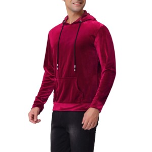 Sweat-shirt à capuche en velours bordeaux pour homme, coupe classique, couleur unie, vêtement décontracté d'hiver, design avec poche, sweat-shirt tricoté - Product Image 3