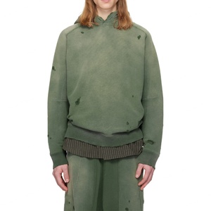 Unisex Olive Green Distressed French Terry Hoodie and Wide Leg Sweatpants Set with Sun Faded Garment Dye Frayed Slouchy Fit - Product Image 4