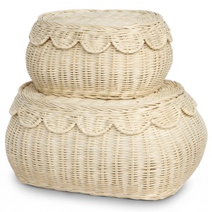 Panier de rangement en rotin tressé à la main avec couvercle, organisateur en osier festonné, aspect bois ovale, multifonctionnel pour salon et cuisine - Product Image 1