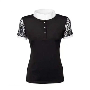 เสื้อเชิ้ตขี่ม้าแขนยาวสีดำสำหรับผู้หญิง แต่งลูกไม้ คอปกสีขาว ทรงเข้ารูปเอวสูง - Product Image 4
