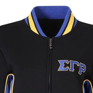 Veste d'échauffement SGRho Black Air Tech Fleece bleu roi avec bordure dorée, fermeture éclair intégrale, veste d'entraînement athlétique, vêtements de sport pour sororité et université - Product Image 4