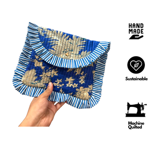 Bolsa de Cosméticos Acolchada con Volantes a Rayas Azules y Estampado Floral, Cierre Magnético, Pequeña, Portátil, Estilo Bohemio, Textil - Product Image 2