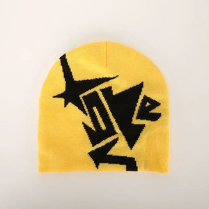 Wholesale Custom Big Mea Culpa Y2K All Over Logo Print No Cuff Jacquard Bonnet Knit Winter <b>Hat</b> Beanie Cap - Product Image 1