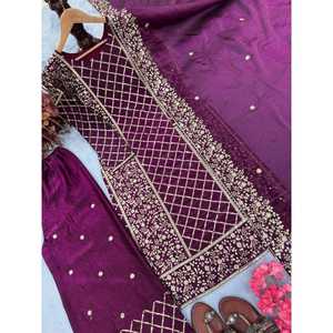 Ensemble haut, pantalon palazzo et dupatta pour femme, avec broderie et sequins. - Product Image 2