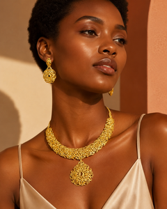 Stylish High Quality 18K Gold Plated Brass Jewelry Set Women Short Necklace Earrings Flower Shape Classic Box Chain for Africans - Product Image 3