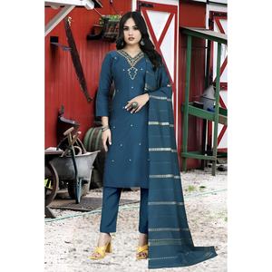 PANTALÓN TOP DE TRABAJO BORDADO CODIFICACIÓN DE SEDA ROMANA ATRACTIVA CON DUPATTA TEAL - Product Image 6