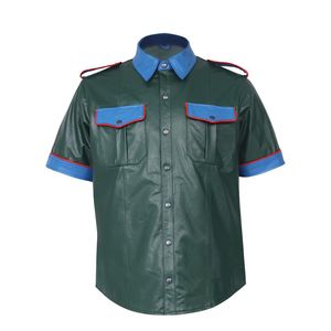 เสื้อเชิ้ตหนังเทียมแขนสั้นสีเขียวสำหรับผู้ชาย ปกสีน้ำเงิน แต่งขอบสีแดง สไตล์ชุดทำงาน ปกพับได้ เหมาะสำหรับใส่ในฤดูร้อน - Product Image 1