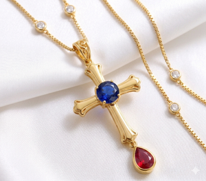 18K Gold Plated Stainless Steel <b>Cross</b> Pendant Necklace Gemstone Charm Jewelry for Gift Party Anniversary - Product Image 1