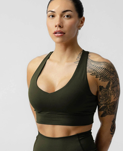 Soutien-gorge de sport haute performance pour femme, vert olive, col en V, bretelles réglables, sans coutures, maintien élevé, pour yoga et entraînement, personnalisable à l'avant - Product Image 1