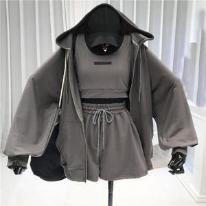 Conjuntos Deportivos Cortos de Otoño Estilo Hip Hop para Mujer, 3 Piezas, Chaqueta con Cremallera, Pantalones Cortos, 100% Algodón, Transpirable, de Secado Rápido, Ecológico, Manga Larga - Product Image 2