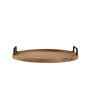 Plateau de service rond en bois d'acacia artisanal de qualité supérieure, prix d'usine, avec poignées métalliques robustes, élégant, écologique, décoration d'intérieur - Product Image 2
