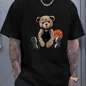 Men's Loose-Fitting 100% Cotton <b>Hip</b> Hop T-Shirt High Quality Embroidered Casual Basketball Cool Bear Screen Printed Design - Product Image 3