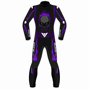 Traje de Motociclismo de Cuero Vacuno/Canguro para Hombre, Modelo Purple Flame Skull, Mono de Carreras, con Protección CE OEM - Product Image 2