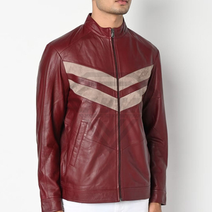 Mens Maroon Genuine <b>Leather</b> <b>Jacket</b> Manufacturer Wholesale Bulk Burgundy Biker Bomber <b>Blazer</b> Coat Custom OEM Chevron Stripe Outer - Product Image 1