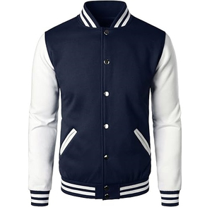 Veste universitaire bicolore marine et blanc, col montant, boutons-pression, style baseball - Product Image 1