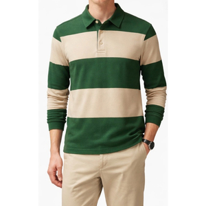 Polo de rugby pour homme de haute qualité avec logo personnalisé, manches longues, rayures contrastées en coton - Product Image 5