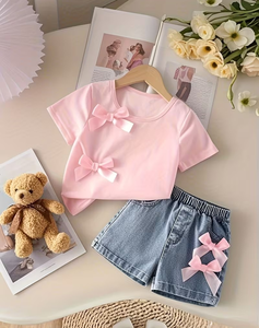 Pink Girls 2Pcs Set Short Sleeve T Shirt With Bows Denim Shorts Sweet Casual Summer Outfit - Product Image 3