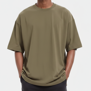 Premium Quality Olive Green Oversized Men's T-Shirt Short Sleeve 100% Cotton Jersey Casual Solid O-Neck Fit Drop Shoulder Tee - Product Image 1