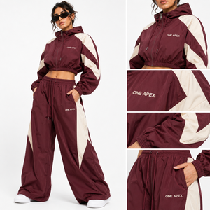 Ensemble de survêtement coupe-vent à capuche bordeaux pour femme ONE APEX, veste zippée imperméable et pantalon large, tenue de sport 100% - Product Image 6