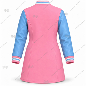 Chaqueta Varsity para Mujer, Estilo Letterman, Larga, con Botones a Presión, Mangas en Contraste, Cuello Acanalado a Rayas, Logotipo Personalizado Bordado - Product Image 2