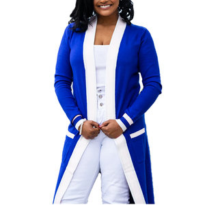 Cardigan long ZPHIB bleu roi et blanc, style Duster, avec poches, ouverture sur le devant, en laine/cachemire épaisse, idéal pour l'hiver, pour la sororité Zeta Phi Beta - Product Image 1