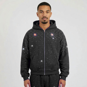 New Arrival Custom Logo Zipper Rhinestone <b>Men's</b> Winter Hoodies 100% Cotton Fleece High Quality Price Casual Wear Thermal - Product Image 4
